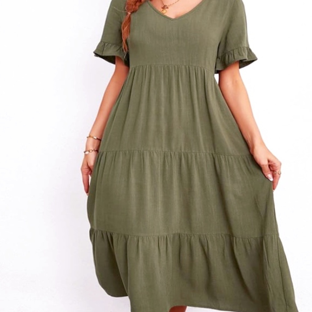 Olive Green Midi Dress with Ruffle Sleeves Size M